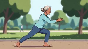 Ilustrasi orang lanjut usia melakukan senam low-impact di taman, contoh olahraga ramah sendi.