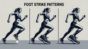 Ilustrasi tiga pola tumpuan kaki saat berlari: forefoot, midfoot, dan heel strike.