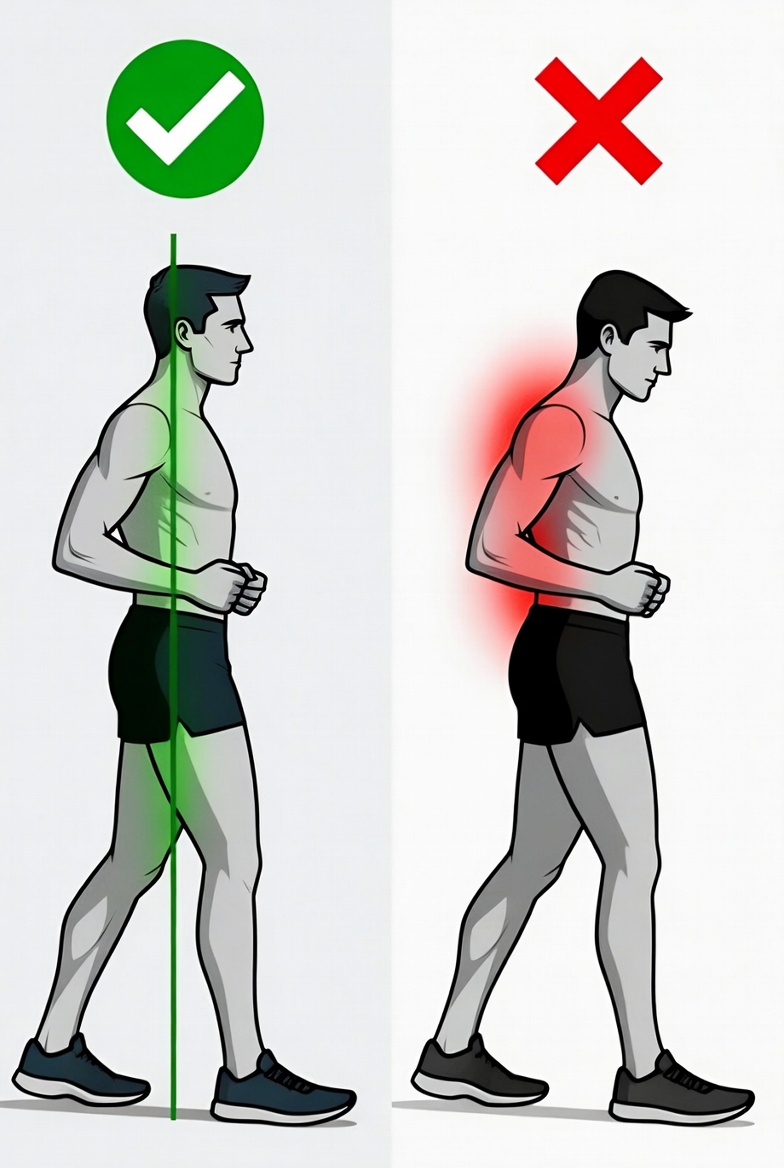 Perbandingan Postur Lari Ideal vs Postur Membungkuk Akibat Core Lemah