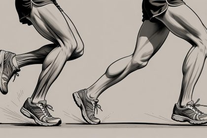 Ilustrasi tiga pola tumpuan kaki saat berlari: forefoot, midfoot, dan heel strike