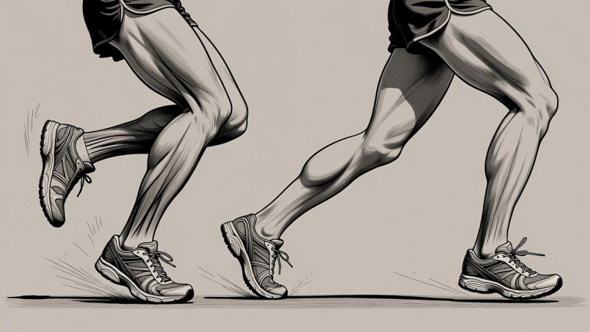 Ilustrasi tiga pola tumpuan kaki saat berlari: forefoot, midfoot, dan heel strike