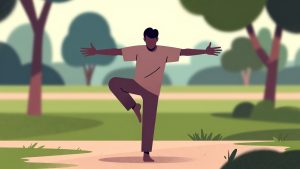 Seseorang melakukan gerakan walking yoga di taman, memadukan jalan kaki dengan peregangan untuk fleksibilitas tubuh.