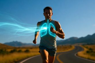 Ilustrasi seorang pelari sedang fokus mengatur teknik pernapasan dengan ritme yang stabil.
