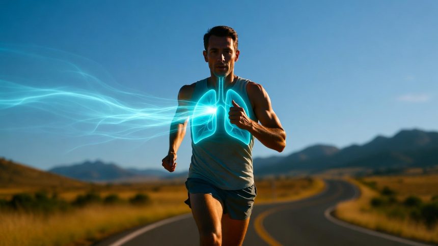 Ilustrasi seorang pelari sedang fokus mengatur teknik pernapasan dengan ritme yang stabil.