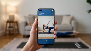 Tampilan aplikasi Pilates di smartphone dengan instruktur virtual