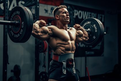 Powerlifter melakukan teknik bracing dengan sabuk angkat sebelum melakukan squat