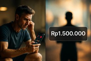 pelari pemula memegang ponsel dengan aplikasi AI di satu sisi dan kartu harga pelatih di sisi lain
