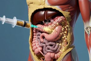 Ilustrasi terapi gen: suntikan molekuler yang menargetkan lemak visceral di tingkat DNA.