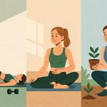 Ilustrasi pelari yang melakukan tiga aktivitas cross-training: angkat beban yoga dan berkebun untuk survival edge