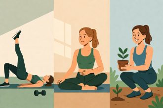 Ilustrasi pelari yang melakukan tiga aktivitas cross-training: angkat beban yoga dan berkebun untuk survival edge
