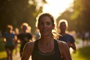 Pelari bahagia bernapas dengan teknik 2:2