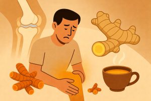 ilustrasi nyeri sendi lutut dan jahe kunyit sebagai antiinflamasi alami