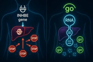 Cara kerja terapi gen: menekan gen INHBE di hati untuk melepaskan "rem" pembakaran lemak visceral.