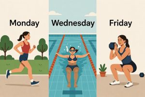 Ilustrasi Seseorang Melakukan Tiga Jenis Olahraga Berbeda dalam Satu Minggu