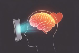 Ilustrasi otak dan jantung terpengaruh cahaya biru dan stres digital