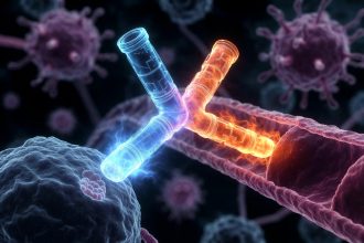 Ilustrasi antibodi bispesifik Ivonescimab obat kanker buatan China menarget PD-1 dan VEGF