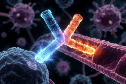 Ilustrasi antibodi bispesifik Ivonescimab obat kanker buatan China menarget PD-1 dan VEGF