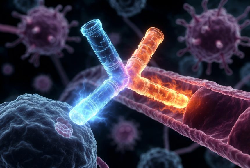 Ilustrasi antibodi bispesifik Ivonescimab obat kanker buatan China menarget PD-1 dan VEGF