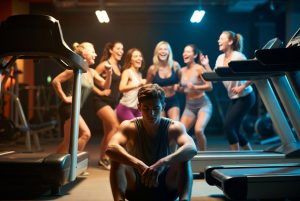 pria merasa bosan dan lelah latihan sendiri di gym sepi