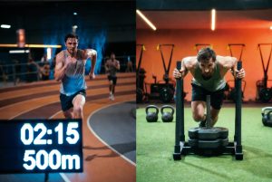 Ilustrasi metode latihan HYROX: lari kombinasi angkat beban