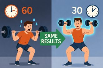 Ilustrasi perbandingan durasi latihan biasa 60 menit vs dropset 30 menit dengan ikon jam dan otot