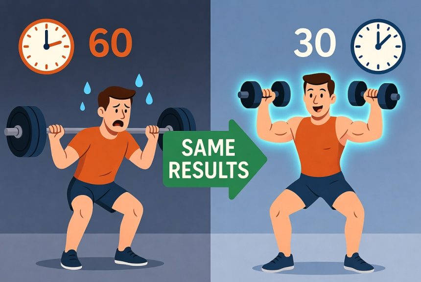 Ilustrasi perbandingan durasi latihan biasa 60 menit vs dropset 30 menit dengan ikon jam dan otot