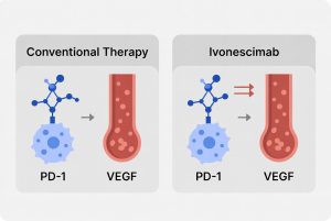 Grafik perbandingan Ivonescimab vs Keytruda menunjukkan PFS 11,1 bulan berbanding 5,8 bulan