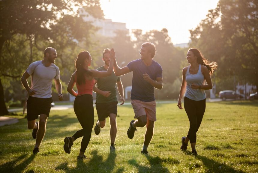 sekelompok teman lari pagi bersama di taman kota saling tertawa dan memberi semangat