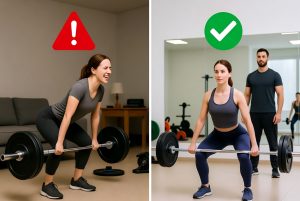 ilustrasi teknik angkat beban salah vs benar latihan solo