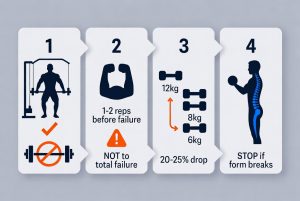 Infografis 4 langkah protokol dropset aman: pilih latihan, base set 1-2 reps before failure, turunkan beban 20-25%, jaga form sempurna