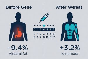 Hasil uji klinis Fase I: penurunan lemak visceral 9,4% dalam 12 minggu setelah sekali suntik.