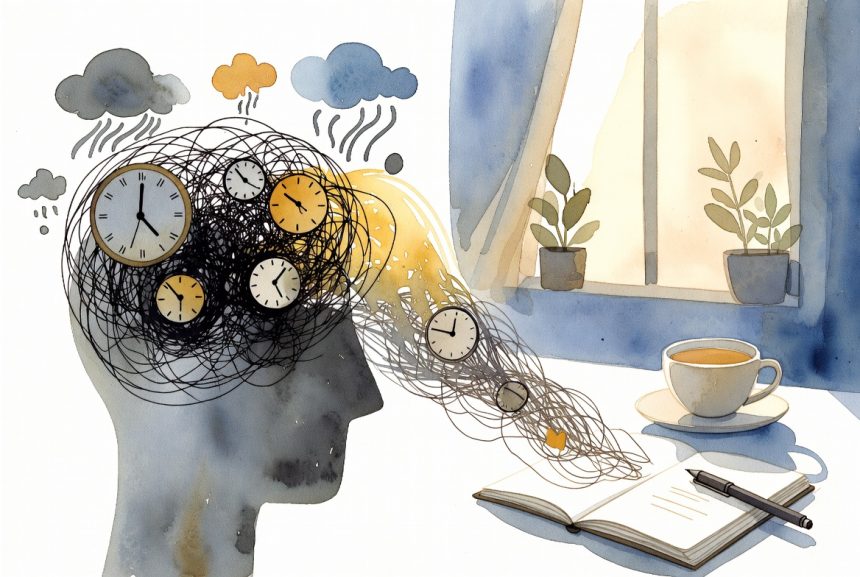 Ilustrasi Kepala Penuh Sampah Mental vs Menulis di Pagi Hari