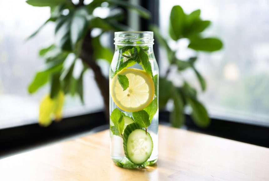 infused water lemon timun mint dalam botol kaca dengan latar belakang kayu dan daun segar
