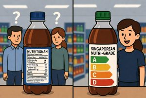 Ilustrasi perbandingan label minuman Indonesia vs Singapura