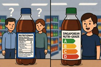 Ilustrasi perbandingan label minuman Indonesia vs Singapura