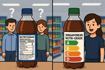 Ilustrasi perbandingan label minuman Indonesia vs Singapura