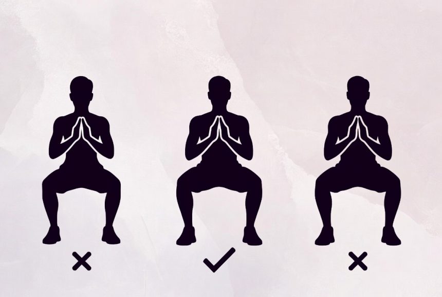 Perbandingan lebar kaki squat: terlalu rapat, selebar bahu, terlalu lebar