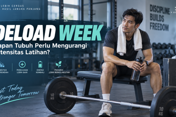 Deload week di gym, ilustrasi pria beristirahat setelah latihan untuk pemulihan tubuh