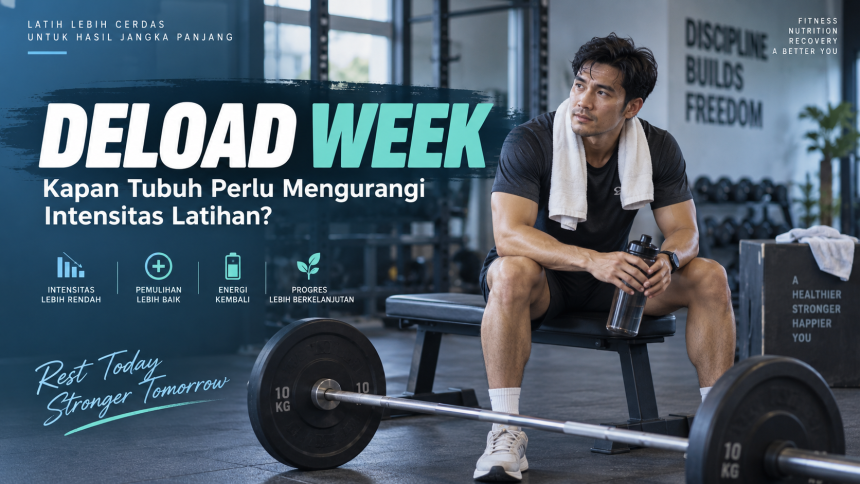 Deload week di gym, ilustrasi pria beristirahat setelah latihan untuk pemulihan tubuh