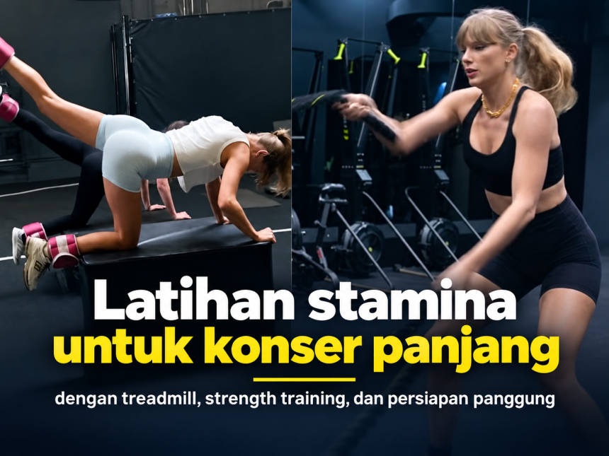 Latihan stamina untuk konser panjang dengan treadmill, strength training, dan persiapan panggung